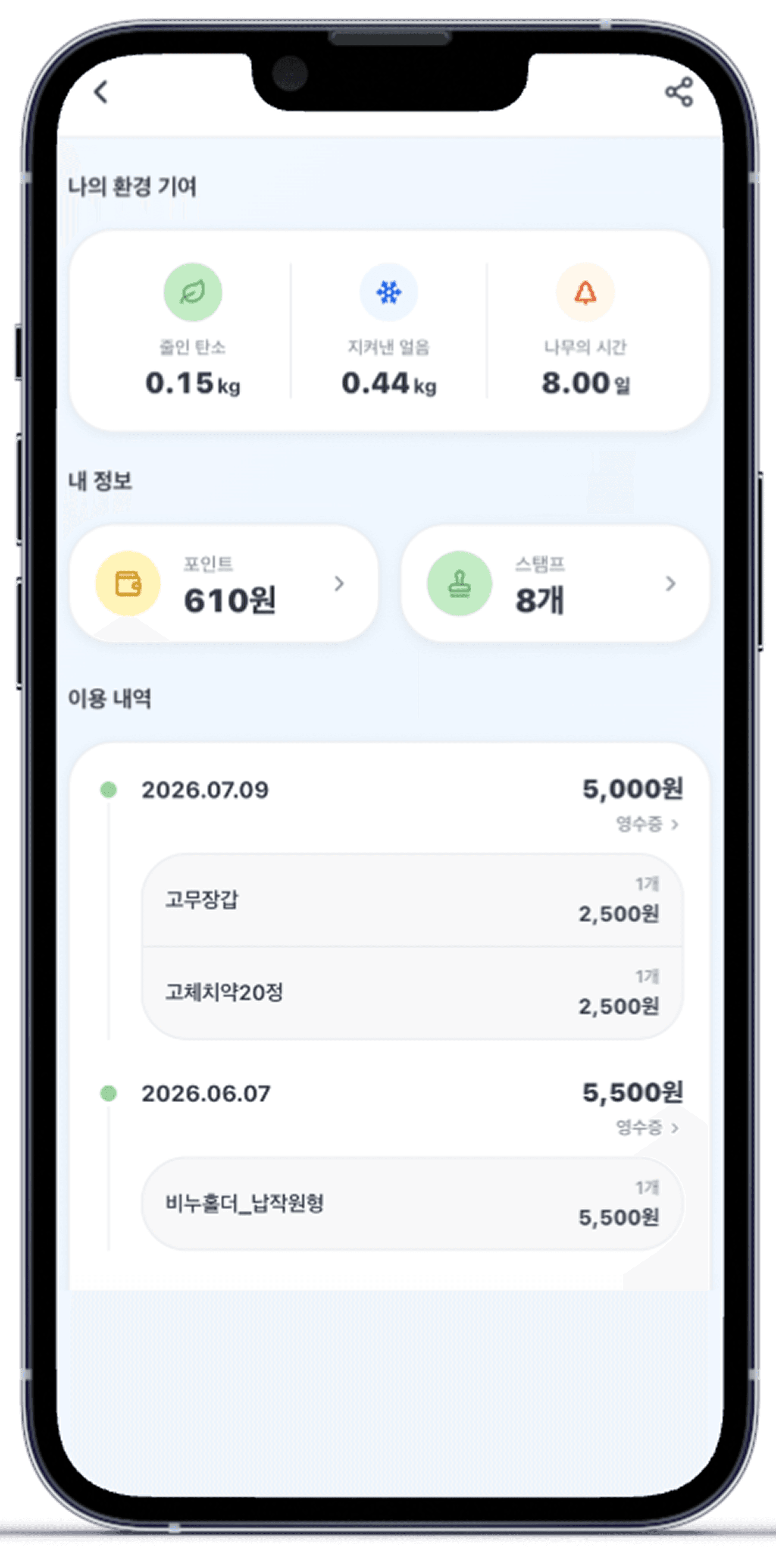 알록 마이페이지 - 나의 환경 기여, 이용 내역